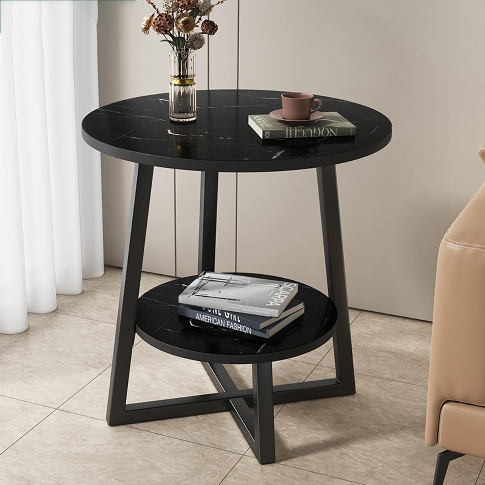Beistelltisch Metall mit 2 Etagen, Sofatisch, Runder Beistelltisch mit Ablagefach, Moderner Couchtisch mit Metallrahmen, für Wohnzimmer, Schlafzimmer, Kleiner Raum ( Color : Negro , Size : 40CM/15.7IN