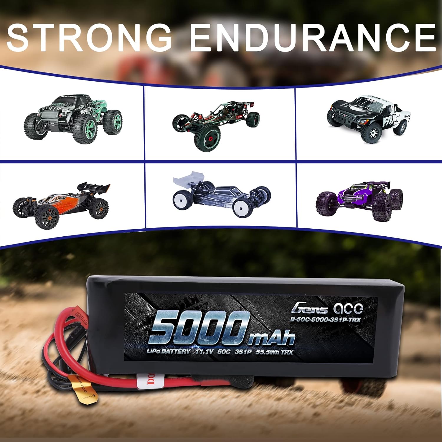 Gens ace 5000mAh 11.1V 3S 50C 3 Cell LiPo Battery Pack with XT60 and T Plug (Updated) for TRX RC Cars Slash vxl Slash 4x4 vxl E-maxx Brushless Axial e-revo Brushless and Spartan Models