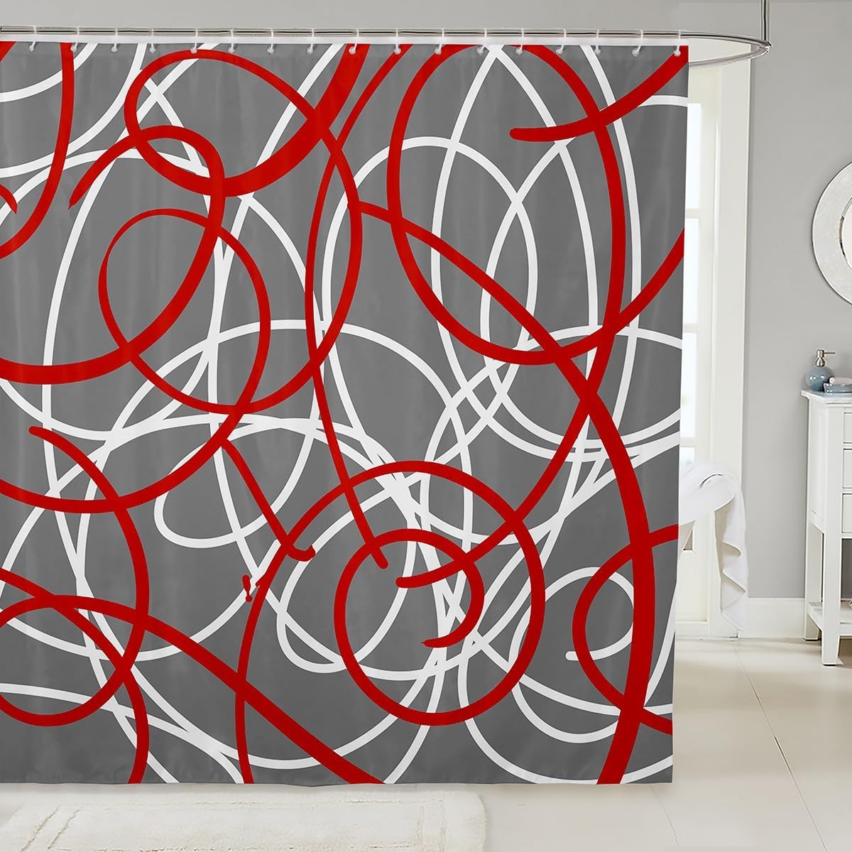 Feelyou Geometric Bath Curtain Stripe Line Shower Curtain Red Grey White Bathroom Accessories for Kids Boys Girls Modern Retro Swirl Waterproof Shower Curtain with Hooks Luxury Room Decor 72x84 Inch
