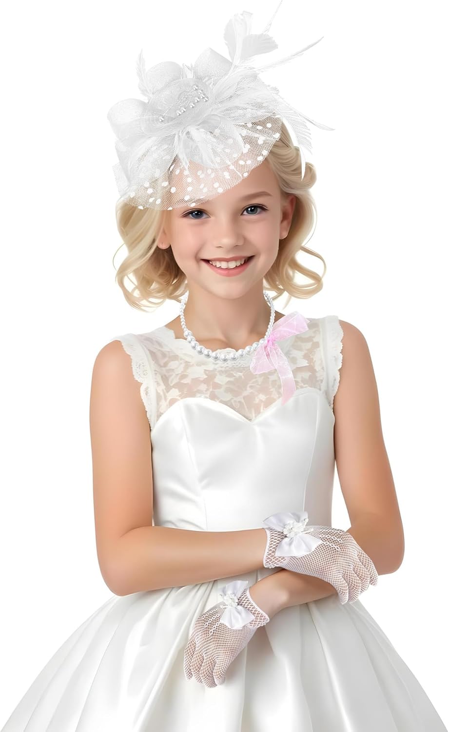 Girls Tea Party Fascinators Hats Lace Gloves Pearl Necklace Set for Wedding 1920s Tea Party Accessories (Blush Pink) - Image 6