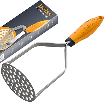 Deiss PRO Heavy Duty Stainless Steel Potato Masher with Non-Slip Rubber Handle Hand Held Mash Maker for Struggle-Free Mashing Dishwasher Safe Vegetable and Fruit Masher