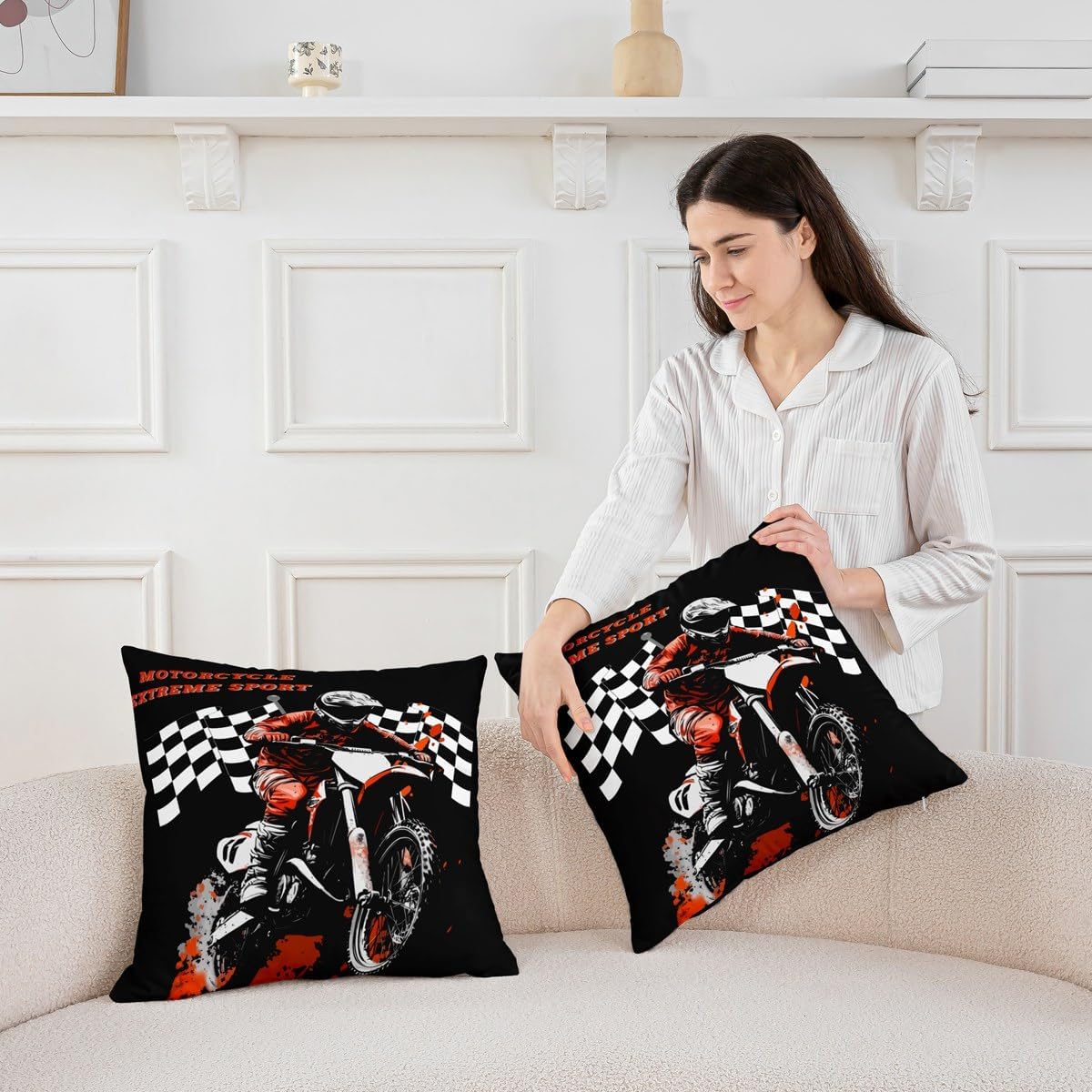 Dirt Bike Pillow Covers for Sofa Couch Chair Motorcycle Racing Gaming Throw Pillowcases Race Car Checkered Flag Outdoor Cushion Cover Motocross Cushion Case 18"x18",2 Pack image 2
