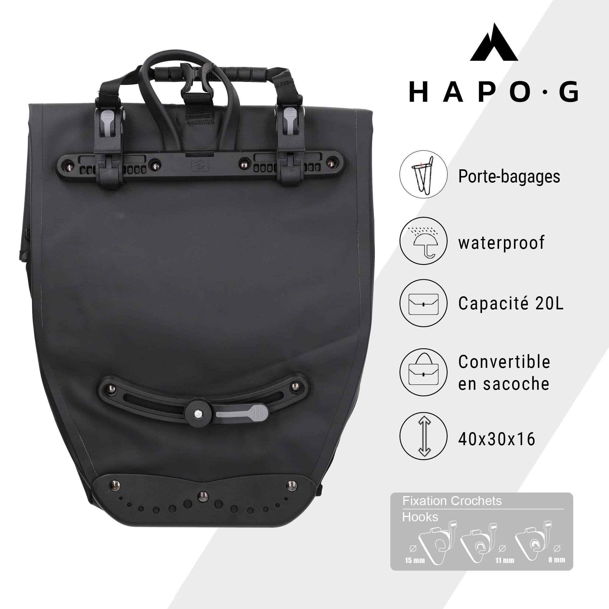 Hapo-G - Sacoche vélo Porte Bagage arrière - Accessoire vélo, Velo Electrique (VAE), VTT, VTC, Ville - Grande capacité de 20L - Noir - 40 x 16 x 30 cm