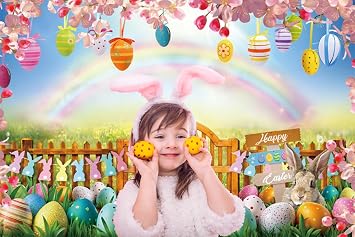 7x5ft Easter Photography Backdrop, Colorful Eggs Rabbit Rainbow