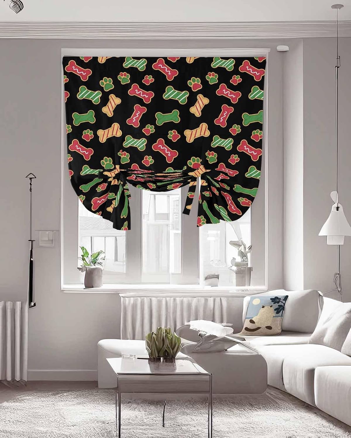 Tie Up Curtains for Windows, Merry Christmas Adjustable Balloon Nature Linen Textured Kitchen Curtain, Abstract Pets Footprints Bones Red Green Blackout Curtains for Living Room, 46 x 63 Inches