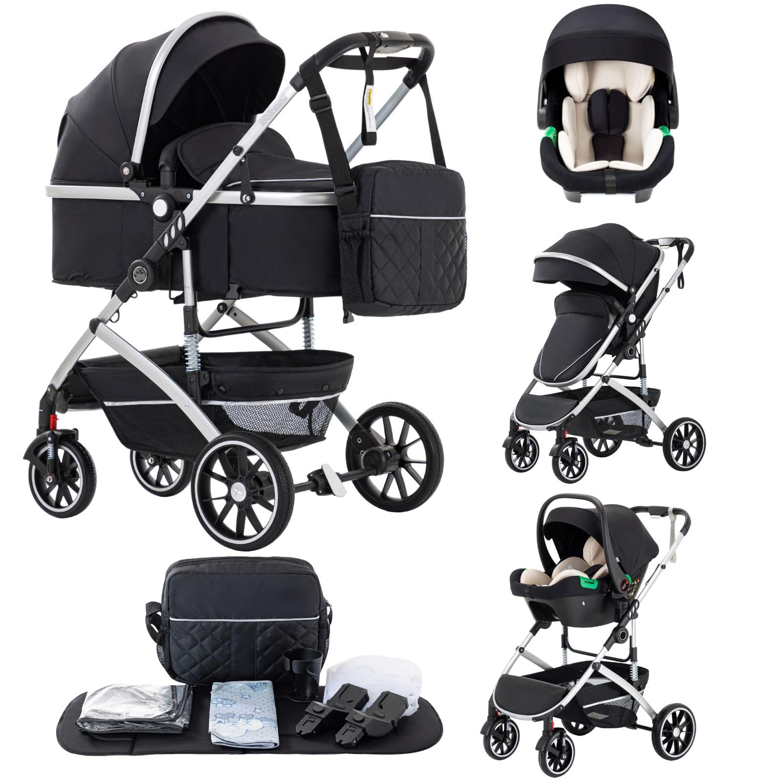 Passeggino 3 in 1,Passeggino Pieghevole Rapido con Un Solo Clic,Passeggino Reversibile Alto con Cesta per la Nanna Allargata,Pushchair Reversibile è Bloccabile Sulle Ruote Anteriori(Nero)