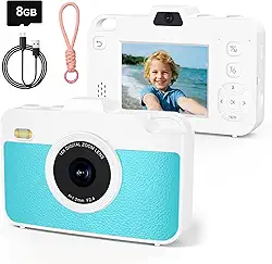 Câmera digital para crianças, câmeras digitais de 48 MP 1080p com lente dupla, câmera pequena compacta com zoom de 16X para meninas e meninos, cartão TF de 8 GB, azul