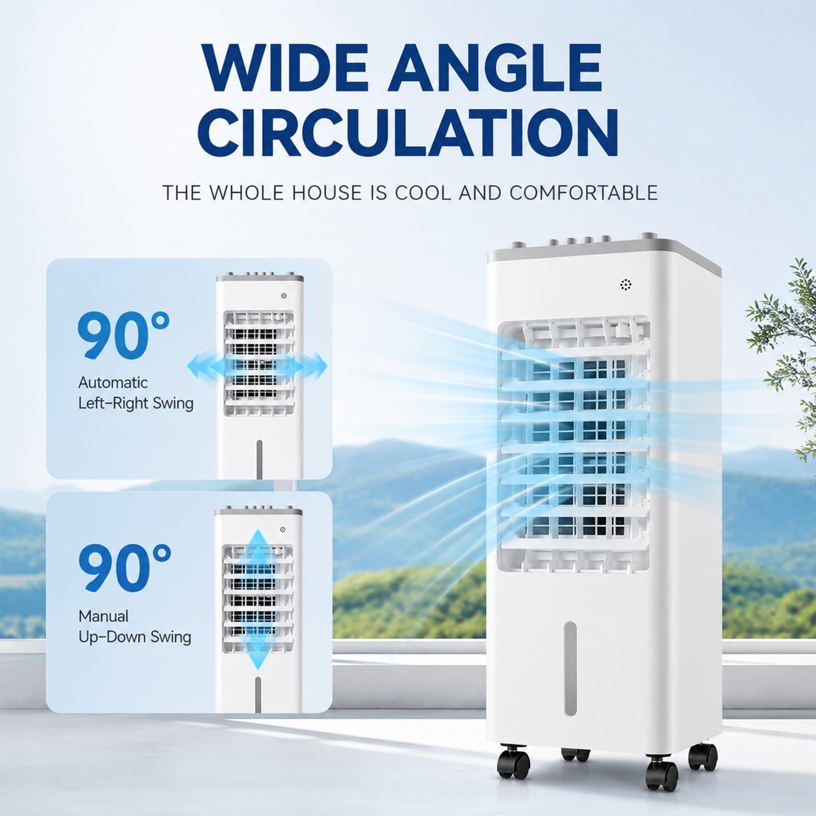 Enfriador De Aire Portátil, Enfriador Evaporativo Con Depósito De Agua, 3 Velocidades, Oscilación De 120°, Unidad De Refrigeración Silenciosa Con Ruedas Para Dormitorio, Oficina Y Hogar