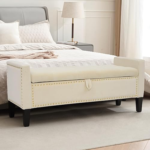 Miniatura 11 de Otomana de Terciopelo con Almacenamiento, Banco Tapizado con Botones Capitoné de 45'' al Final de la Cama con Brazos, Banco de Almacenamiento