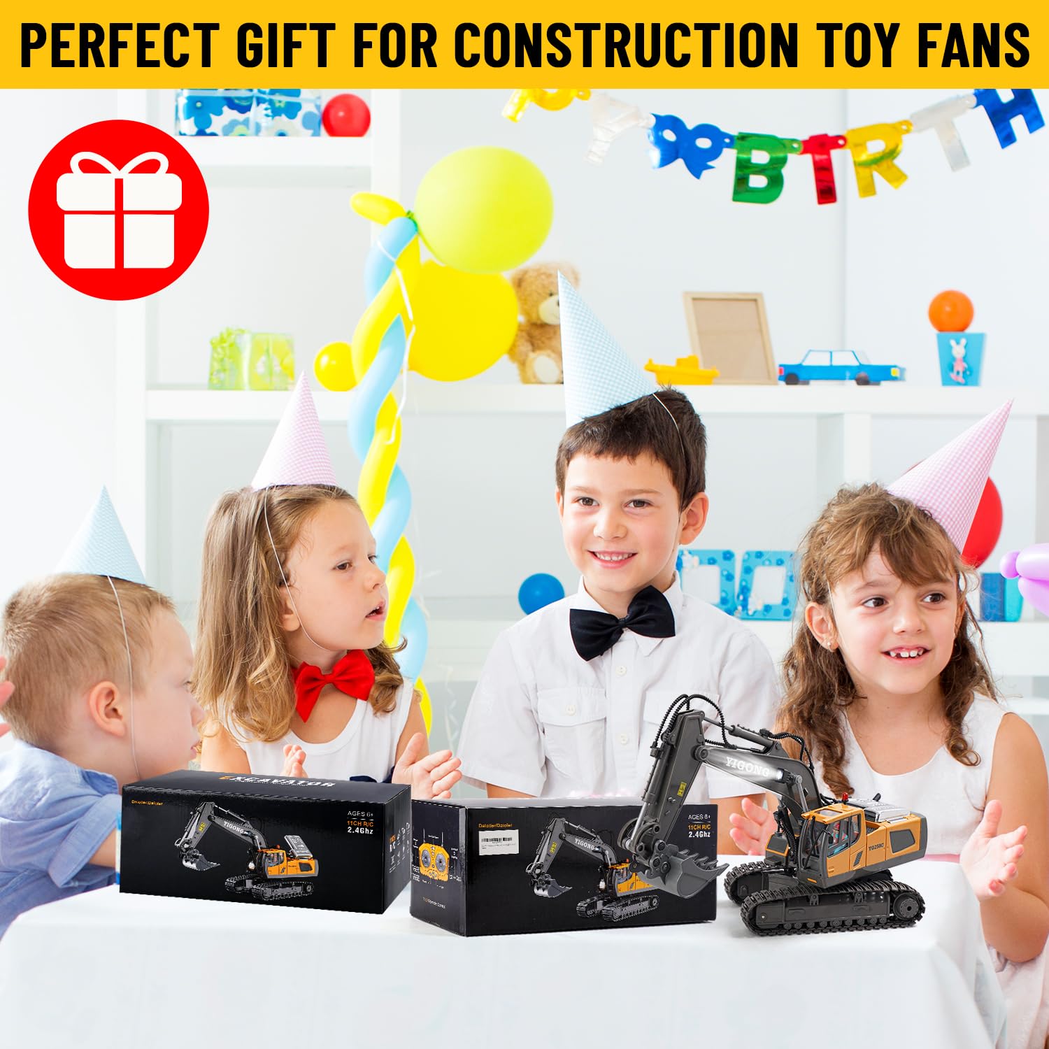 Télécommande Excavateur Jouets pour Enfants,Rechargeable RC Pelleteuse avec Pelle Métallique,Véhicules de Construction,Excavatrice Rotation de 680,Jouet Digger pour 100Mins/Sons/Lumière