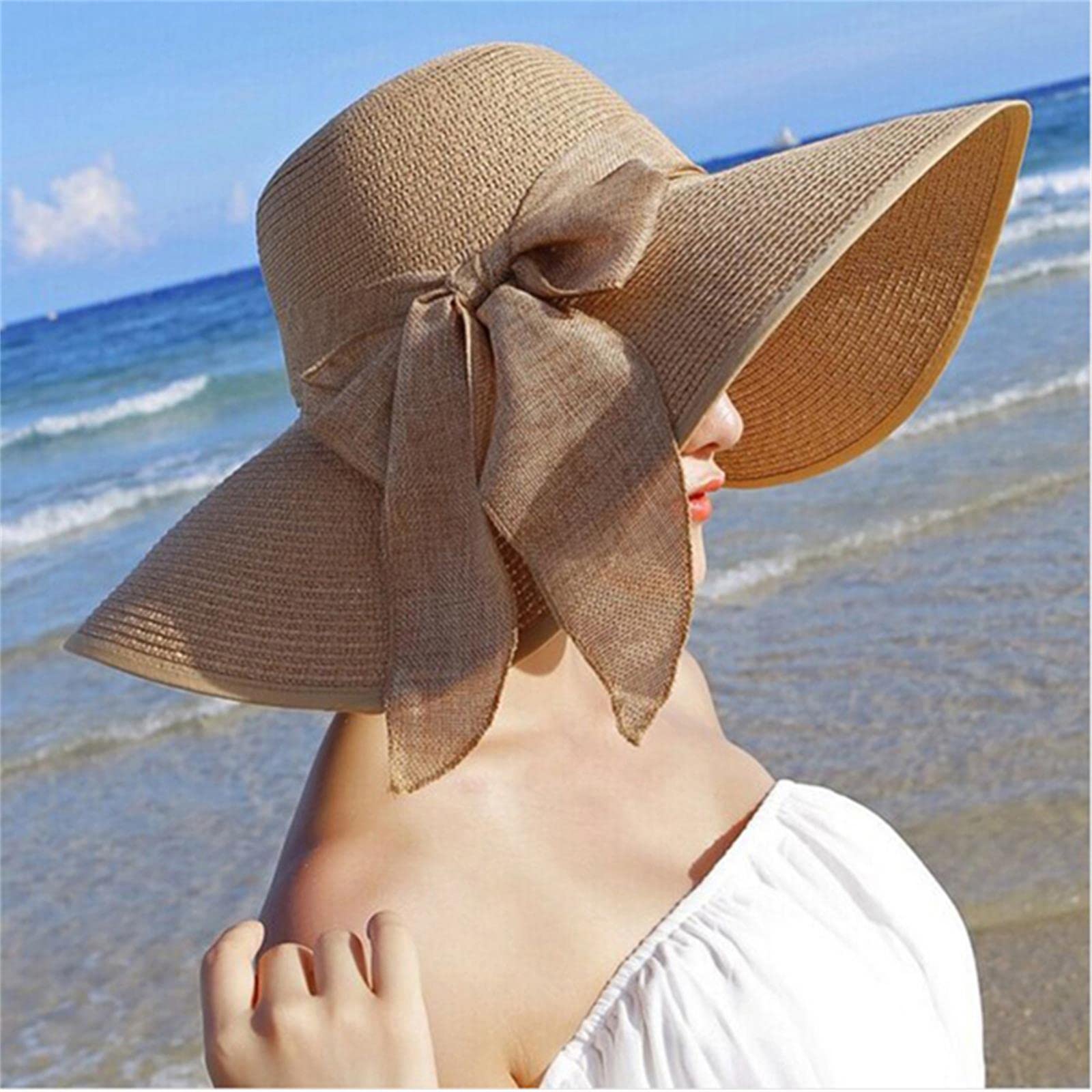 Chapeau De Soleil Femme Large Bord - Coton Anti-UV - Pliable - Nœud Papillon - Taille 56-58