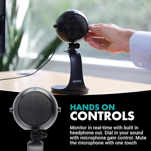Miniatura 4 de Movo WebMic - Micrófono USB con soporte de escritorio en negro, micrófono de computadora de condensador cardioide para PC y Mac con ganancia de