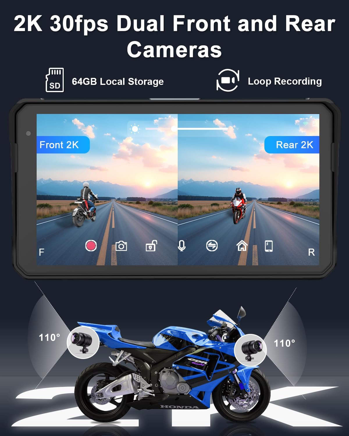 60Hz Motorcycle Carplay with Dual 2K Dash Cam, 6" IPS Touchscreen, Portable Wireless Carplay/Android Auto GPS Navigation System for Motorbike, Support Bluetooth, Siri, Google Assistant