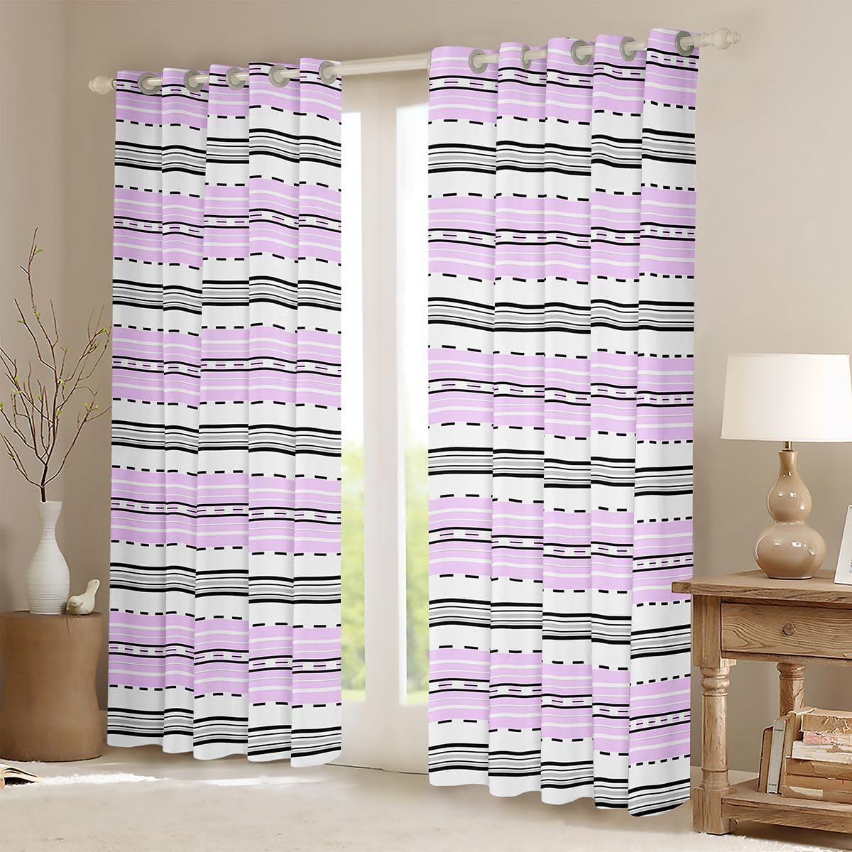 Feelyou Purple Gray Striped Blackout Curtains Stripes Geometric Darkening Drapes for Bedroom Living Room Decor Aesthetic Thermal Insulated Shades Window Treatments, 2 Panels 38 x 45 Inch image 2