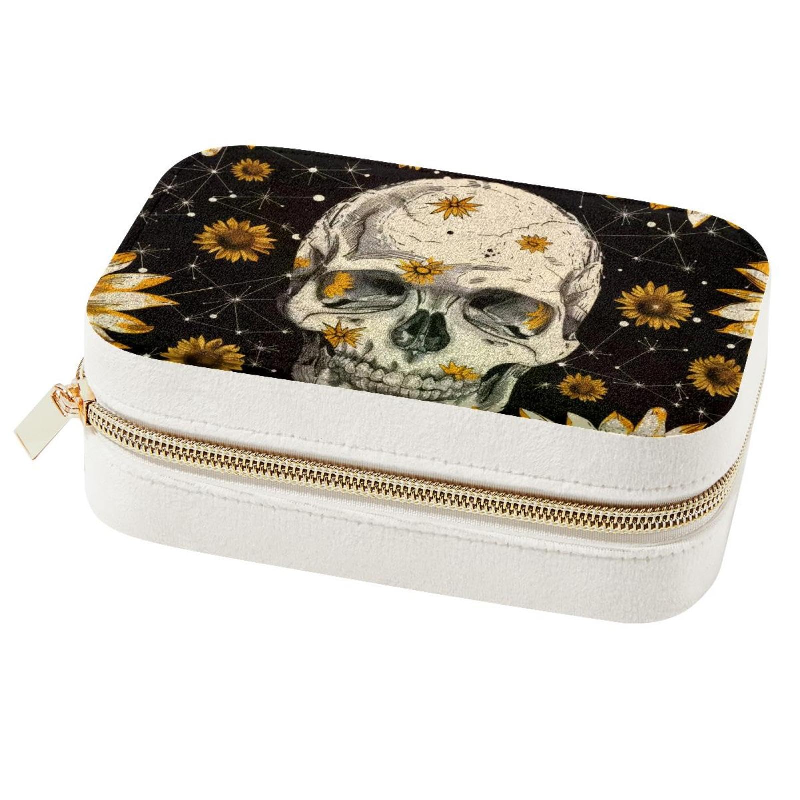 Boîte à bijoux tête de mort pour femme, coffret de voyage et miroir