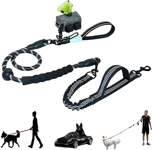 Correa resistente para perro sin tirones, elástica y giratoria sin enredos con costuras reflectantes, asas acolchadas y soporte para bolsa de