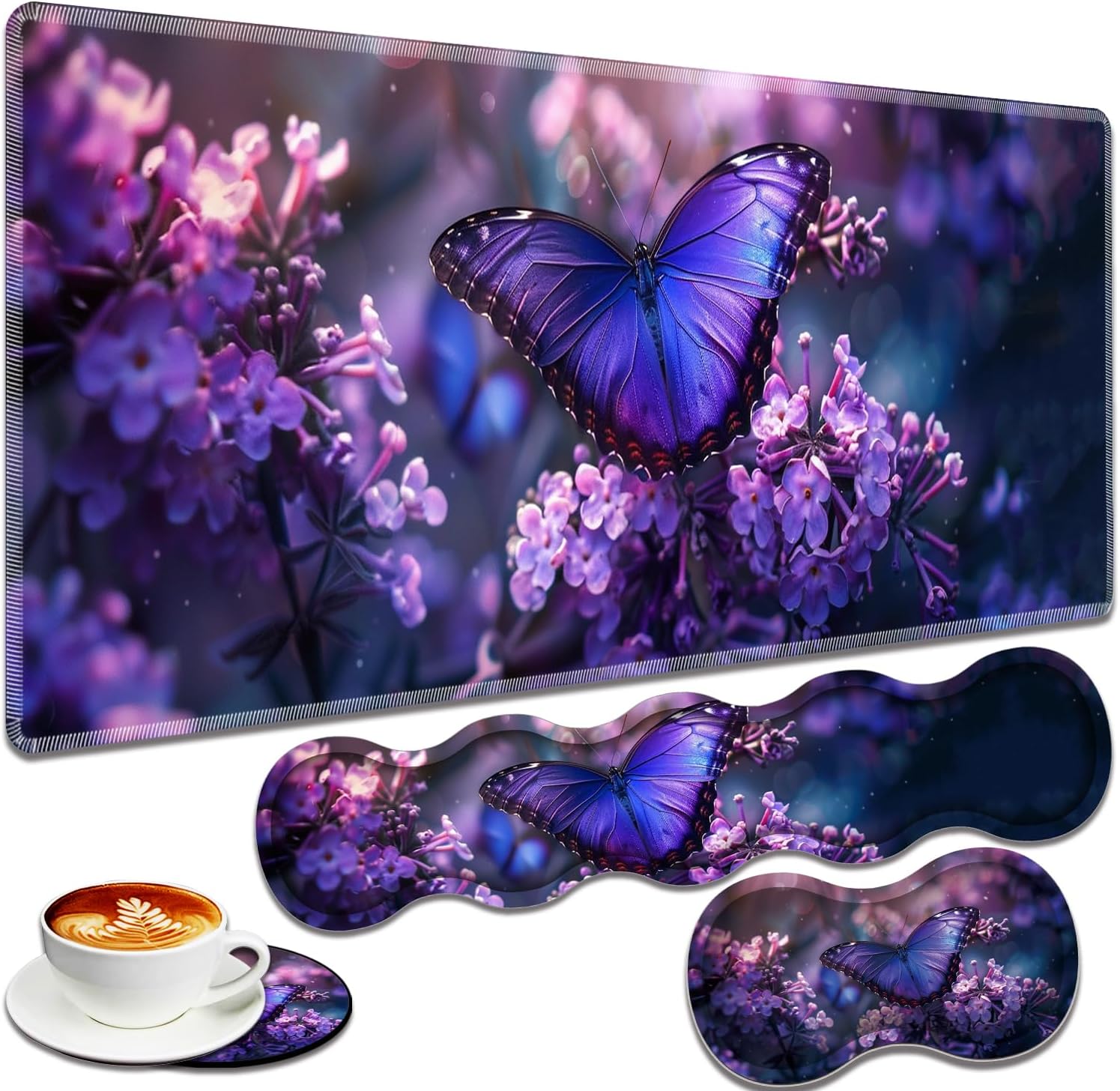 Large Gaming Mouse Pad + Keyboard Wrist Rest + Wrist Support + Coaster Set, Memory Foam Ergonomic for Easy Typing, XXL Extended Gaming Mouse Pad Table Pad - Purple Butterfly