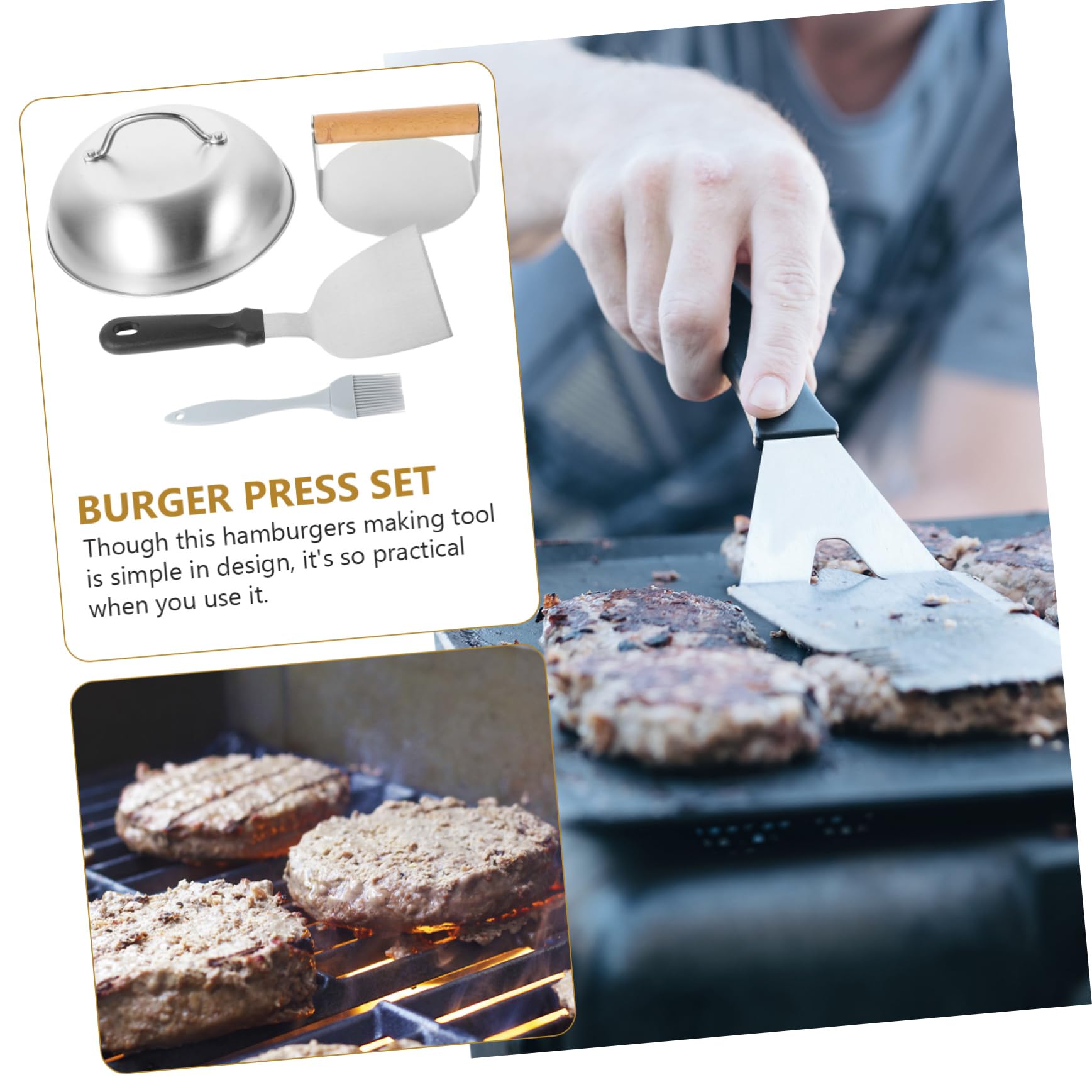 Burgerpresse zum Einfachen Pressen von Burgerfleisch und Silikonbeschichtung Edelstahl mit Holzgriff Stabiles Grill Zubehör für Barbecue und Hausgebrauch