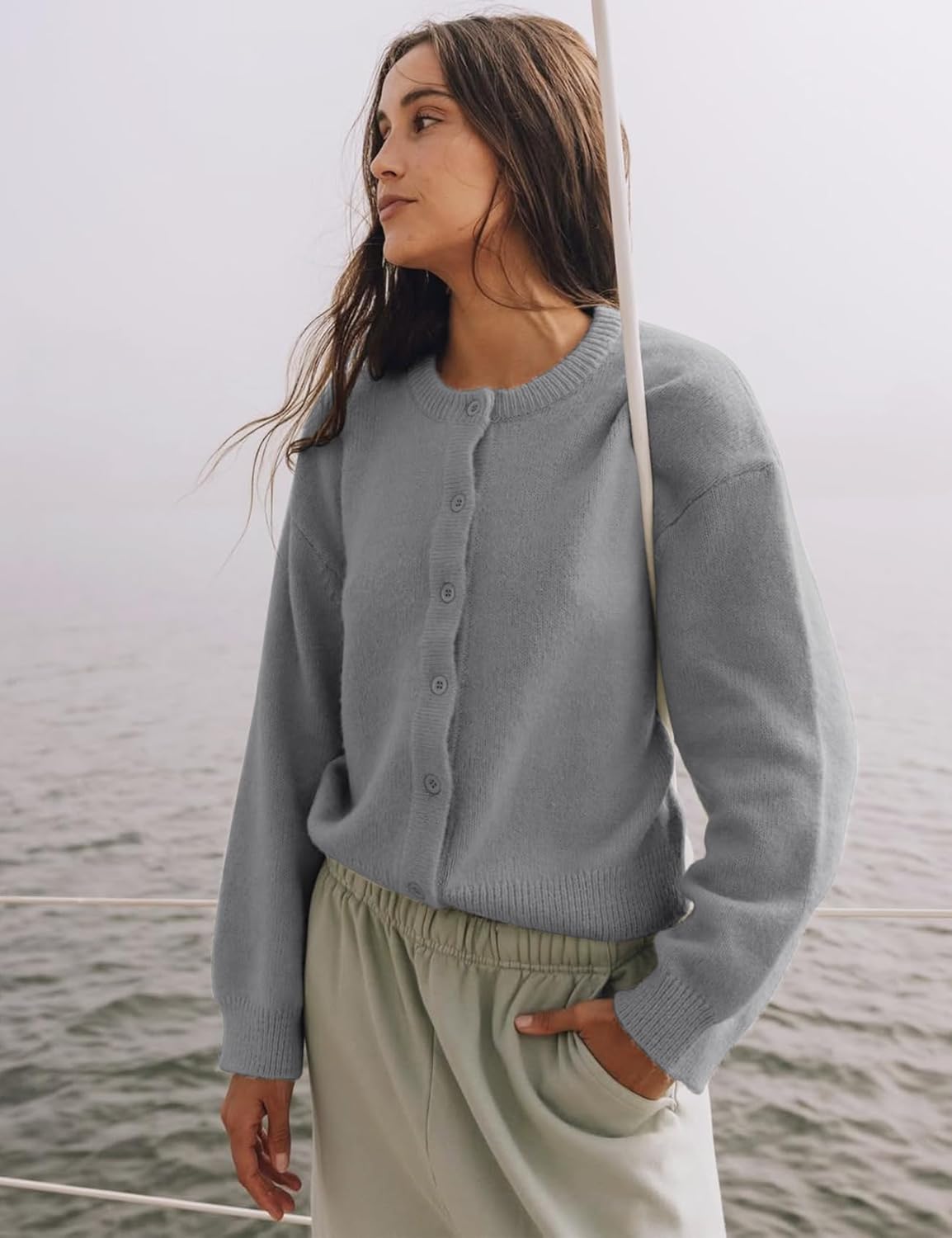 Arssm Womens Button Up Cardigan Sweater Crewneck Long Sleeve Fall Soft Knit Sweater Outwear - Image 2