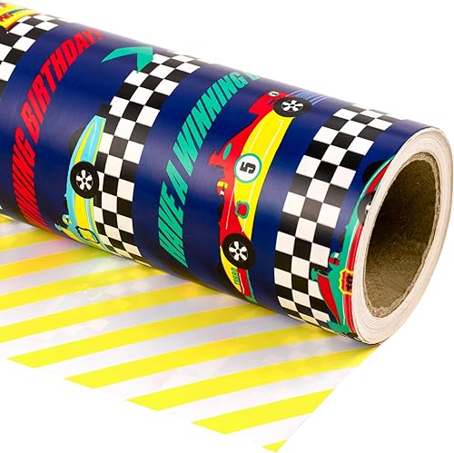 Vista 509 de WRAPAHOLIC Papel de regalo reversible, mini rollo, 17 pulgadas x 33 pies, adorable diseño de gato y azul sólido para cumpleaños, vacaciones