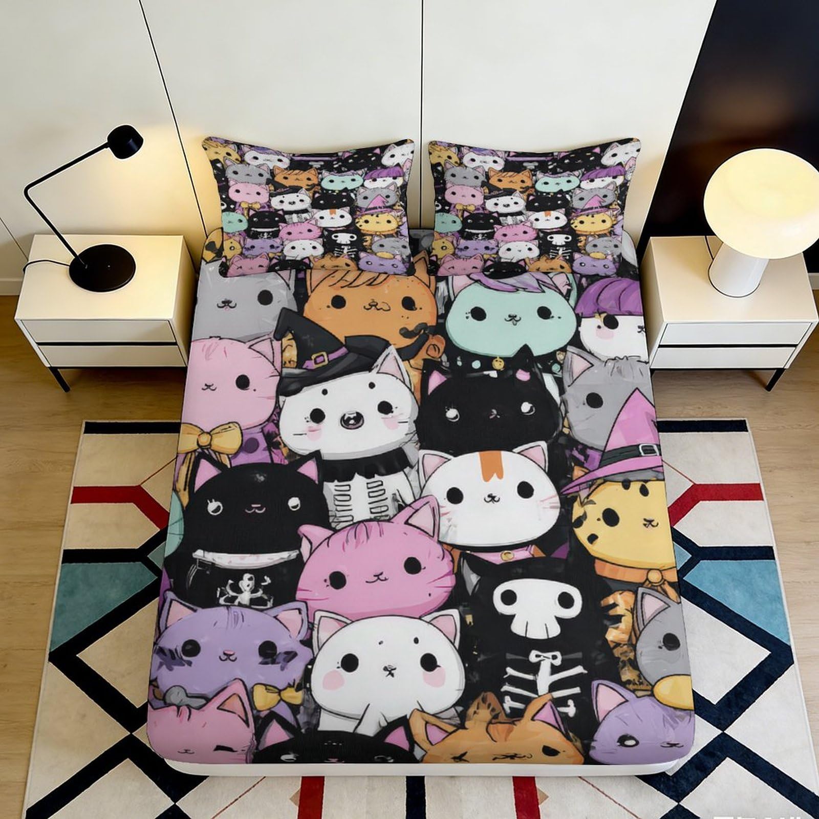 Jqzkxnhpbr Style-3 3D Printed Cartoon Cat Fitted Sheet Microfiber Soft Multicolour Animal Bed Cover For Bedroom Guest Room Dorm Decor 90X200x25cm