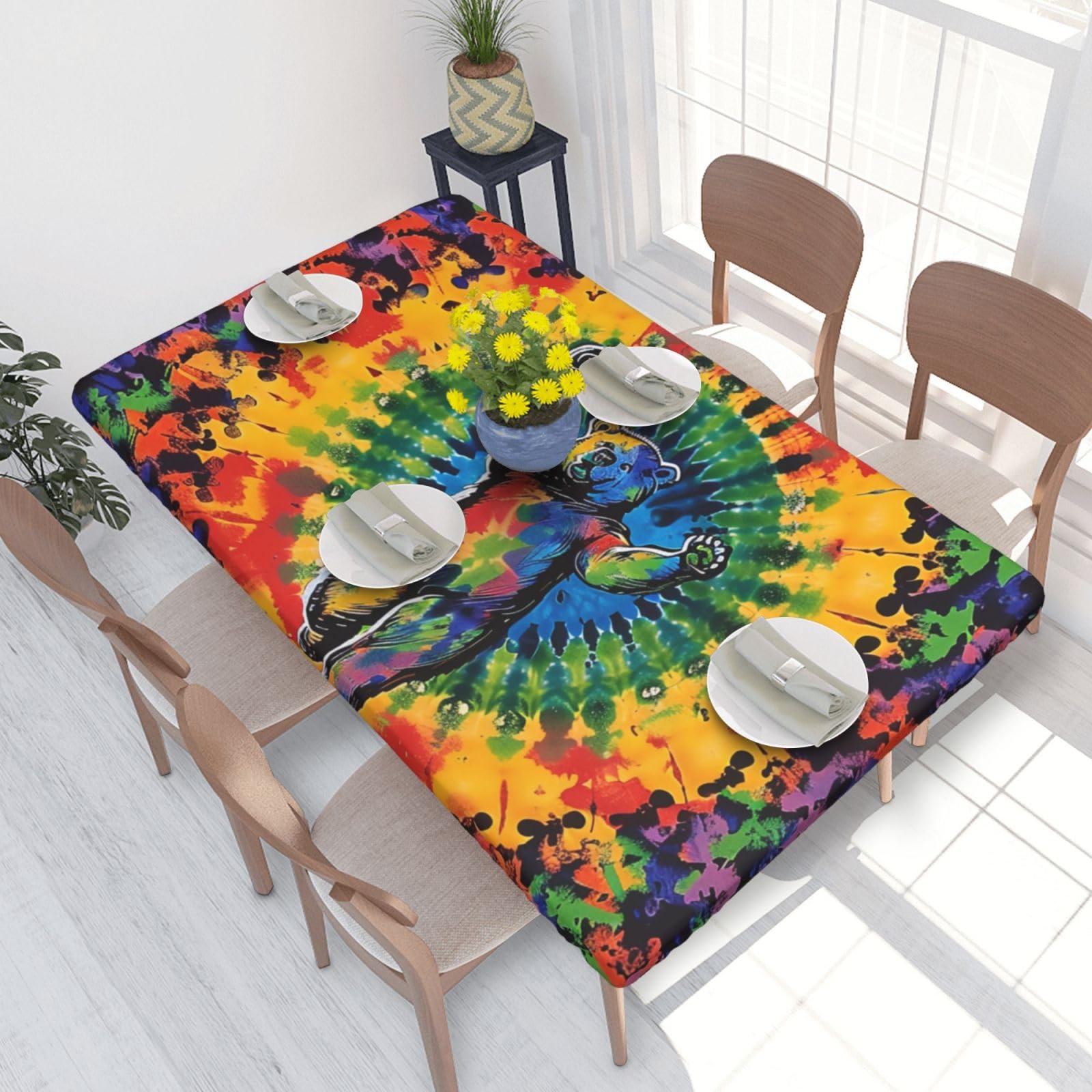 WPKJU Bear Dancing Tie Dye Printed Tablecloths 4ft Rectangular Table Covers Washable Polyester Decorative Table Cloth for Dining Table Picnic Wedding