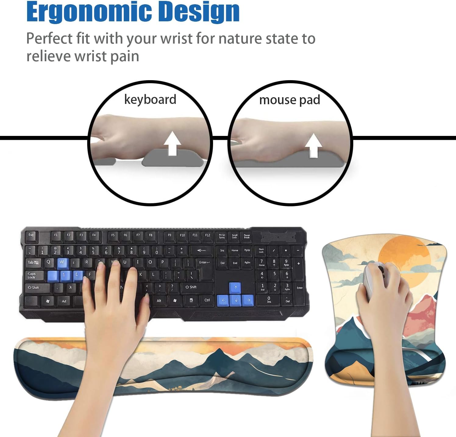 Keyboard Wrist Rest and Mouse Wrist Rest Pad Set with Coasters, Non-Slip PU Base Ergonomic Gaming Mousepad for Home Office Working Studying Easy Typing & Pain Relief - Mountain Sunrise