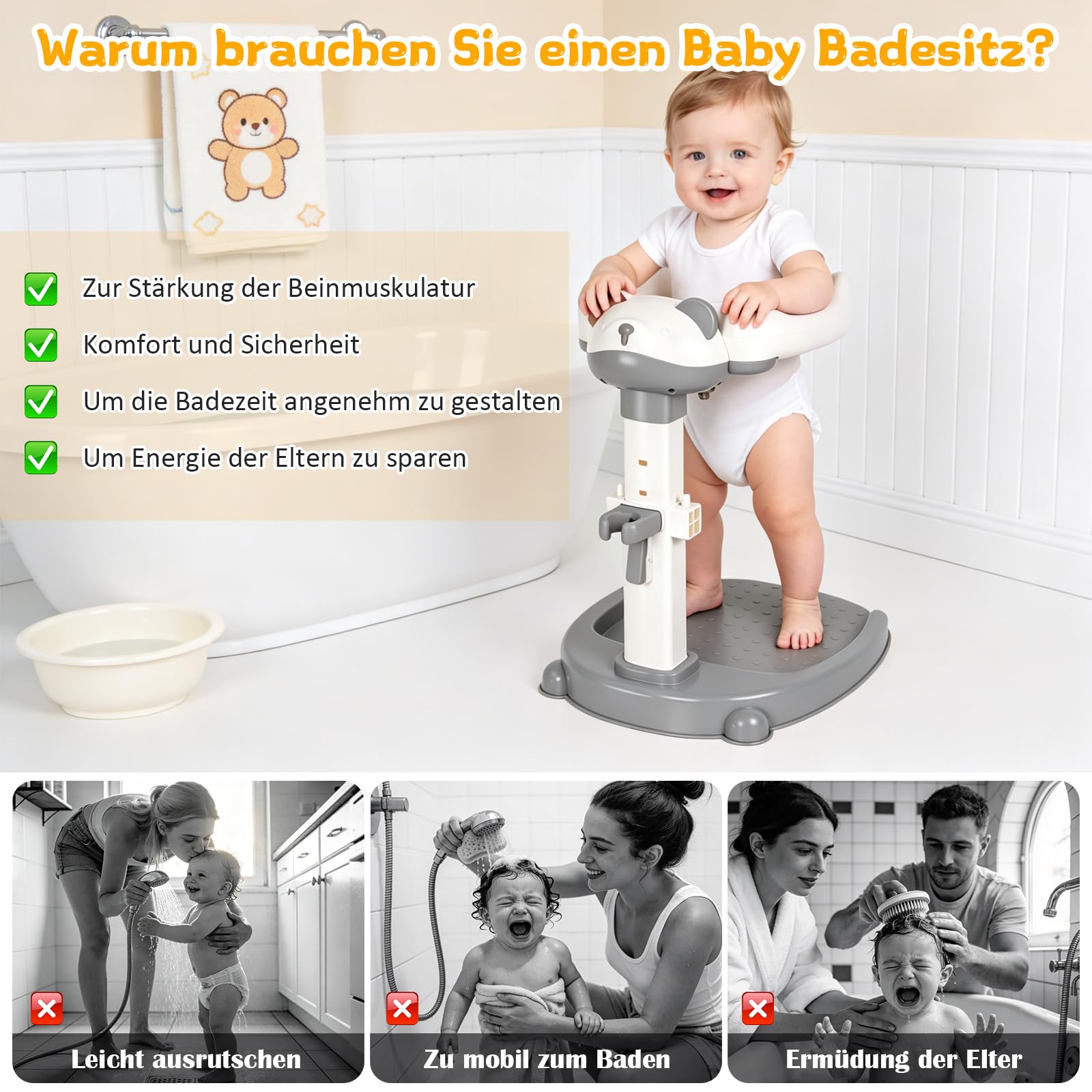 Soporte de ducha para bebé, Soporte de Bañera para Bebé con base antideslizante,Soporte de ducha para niños de 6 a 36 meses para bañarse