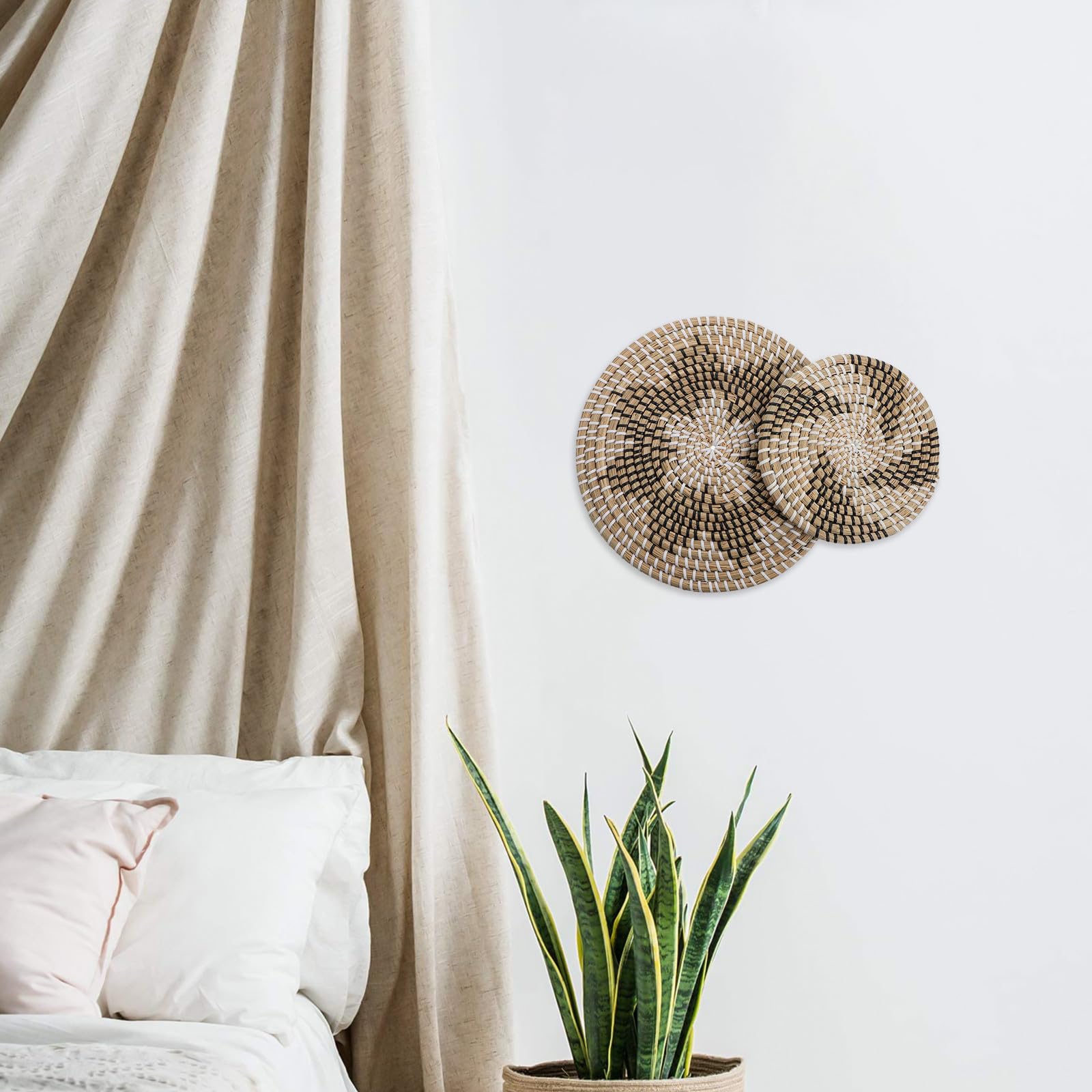 2 Piezas Adorno de Pared de Disco Geométrico de Mimbre Beige