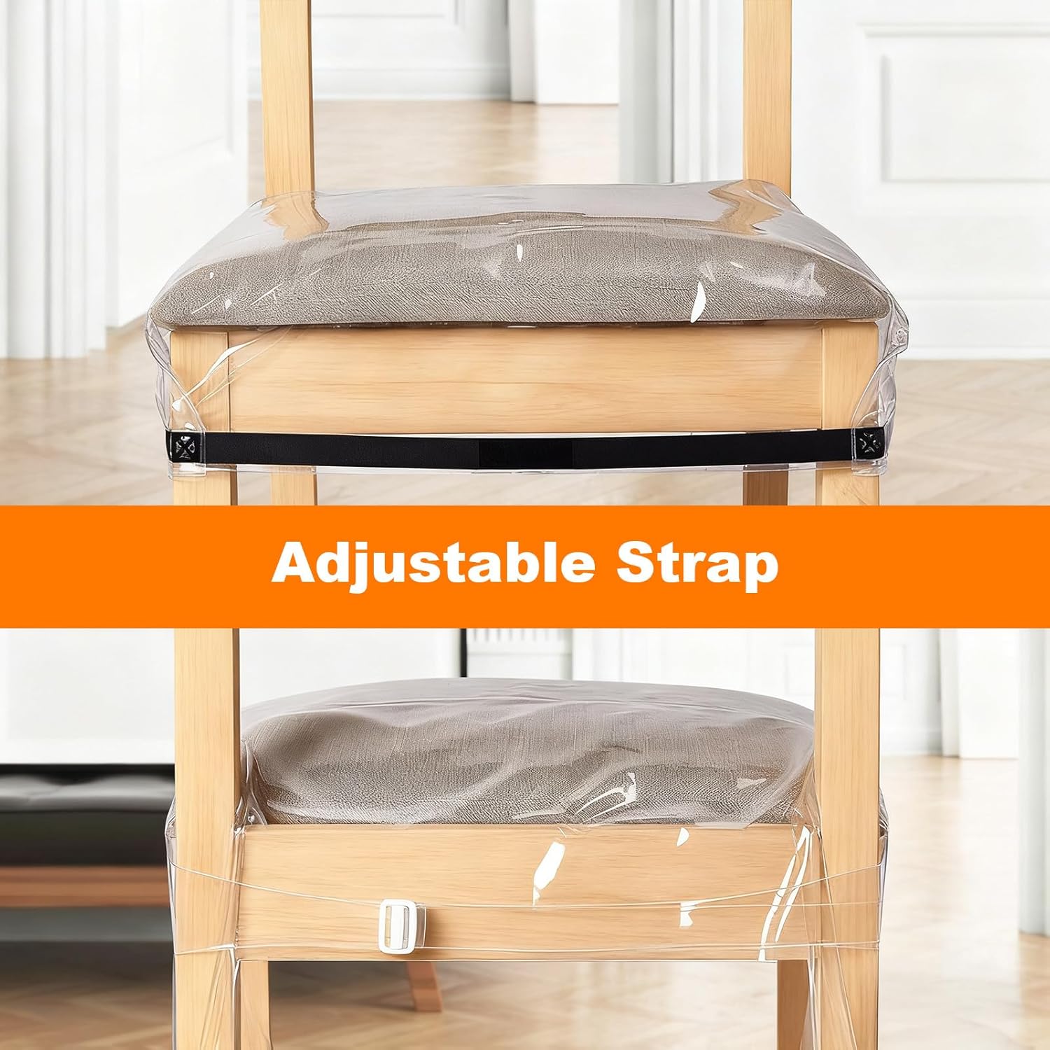 4 Pack Clear Plastic Dining Chair Covers, Adjustable Belt Strap Fits 19" to 22" Seats, Waterproof Scratch Resistant Heavy Duty PVC Seat Protectors for Pets and Everyday Use