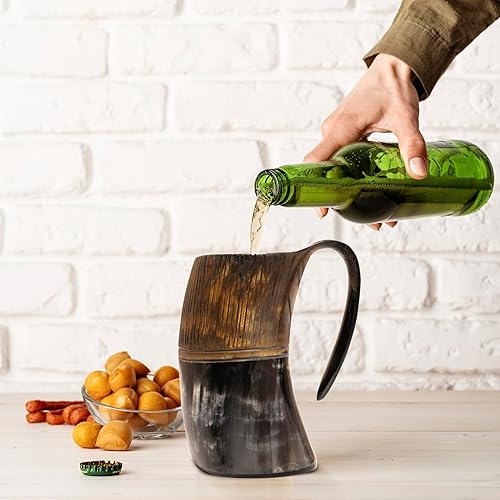 Vista 4 de Taza vikingo de cuerno real, vaso de cerveza de cerveza, copa de vino, jarra, mead, vaso medieval de arpillera, vasos de cuerno de buey hechos a