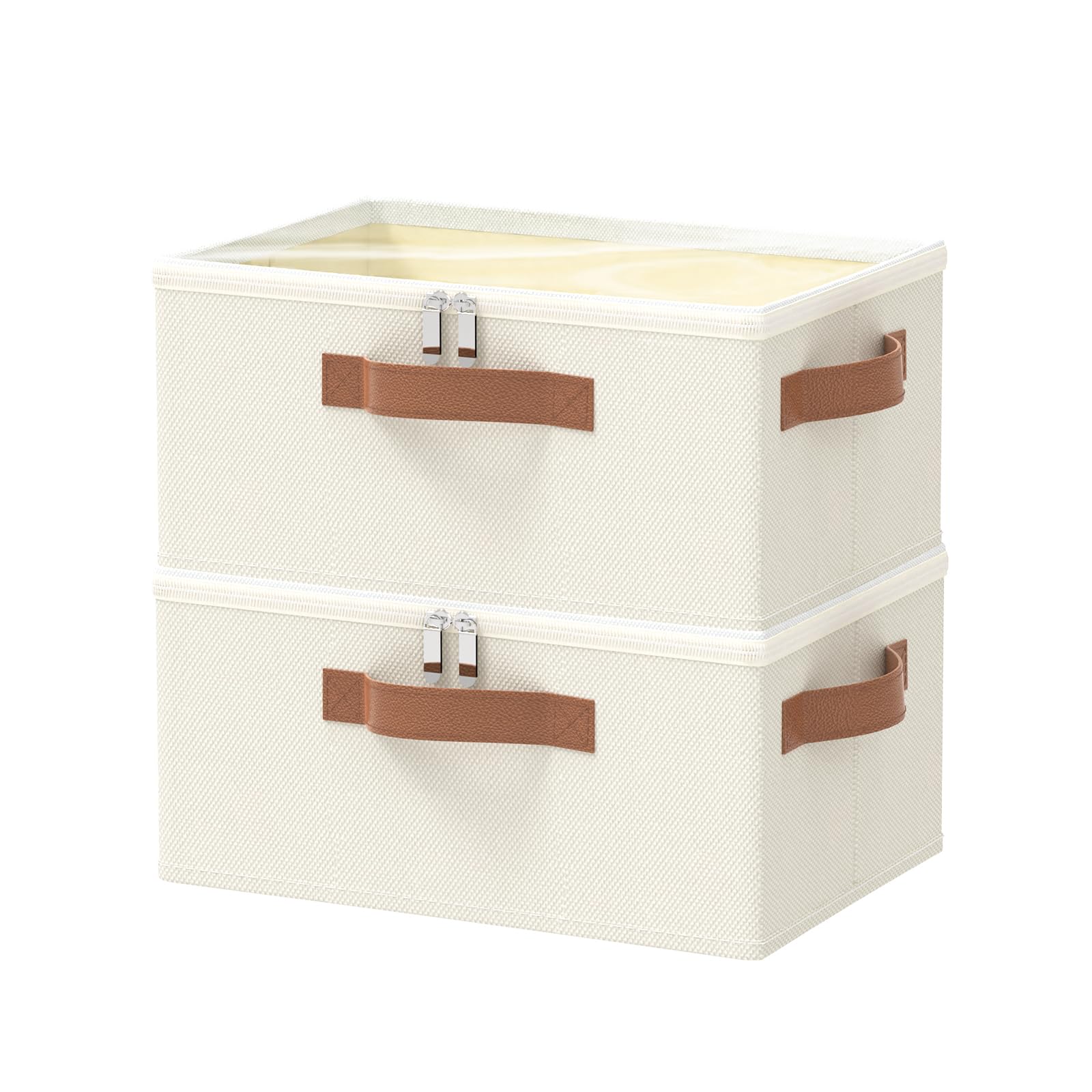 OUTBROS Cajas Almacenaje con Tapa, Cesta Organizadoras Tela, Caixas de Armarios de Ropa, Contenedor de almacenamiento plegables, 38x26x15 cm, Beige, 2 Piezas
