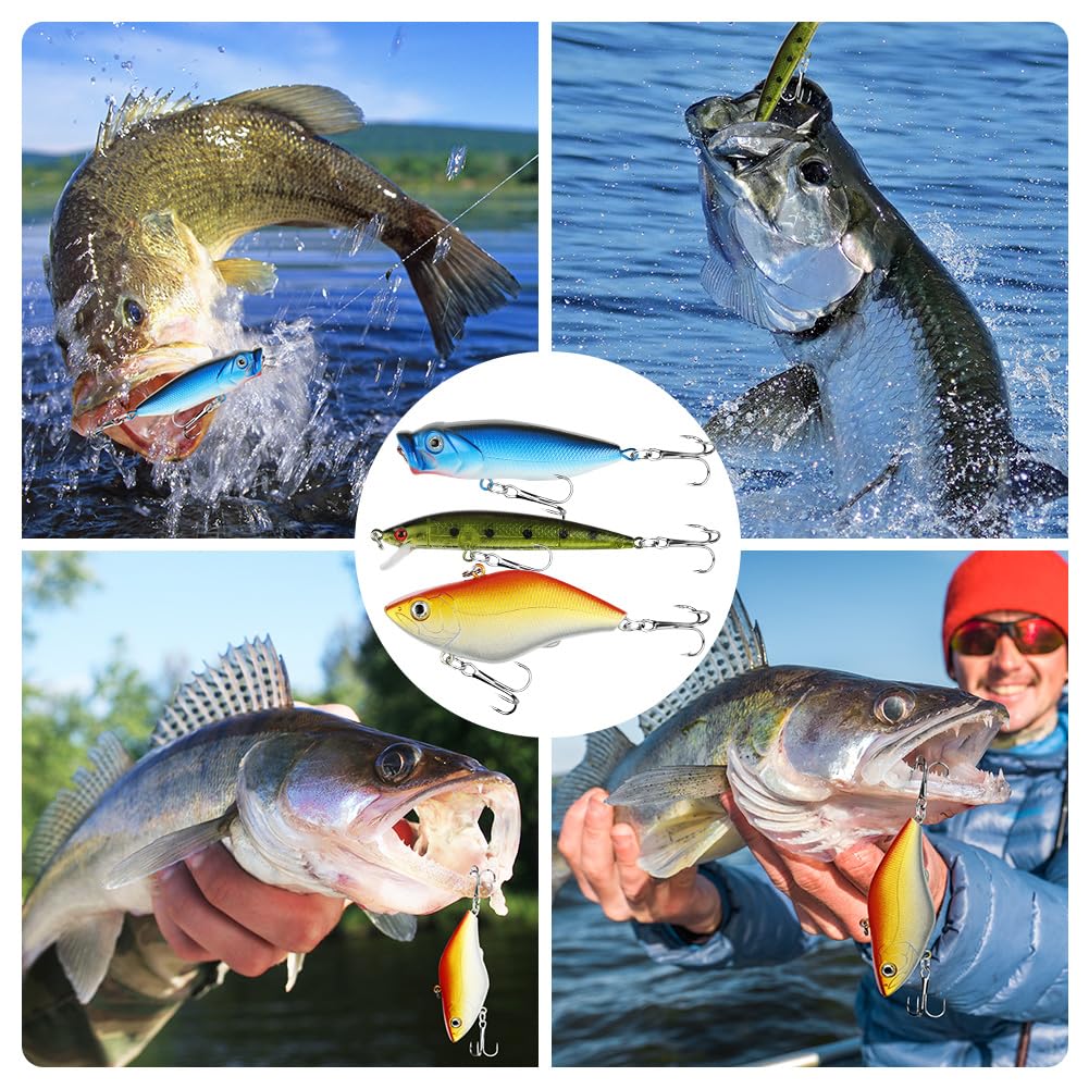 Vicloon Pesca Señuelos Accesorios Kit, Accesorios de Pesca, Set de Cebos, Incluido la Caja Tackle, Ganchos, Tijeras, Cebos, Popper, Grillos y Más