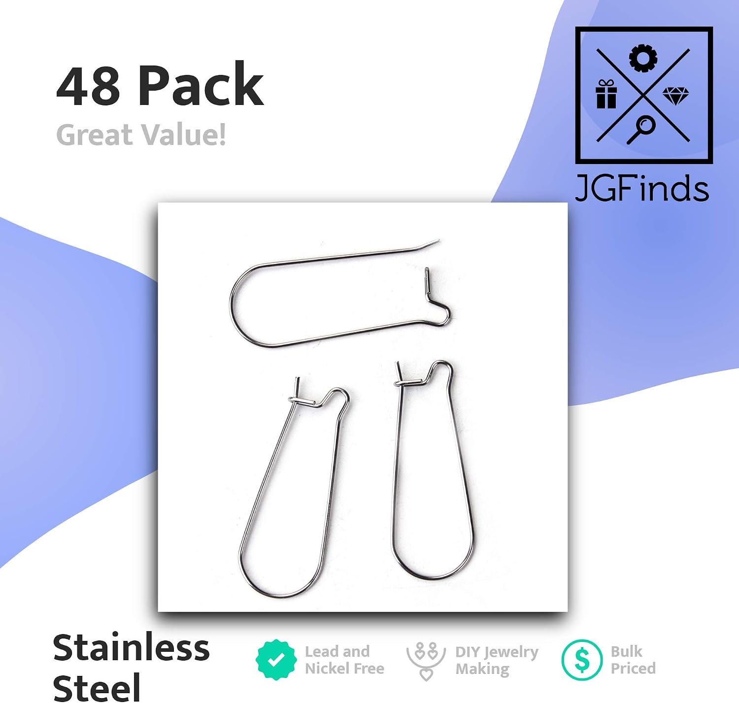 JGFinds Stainless Steel Ear Wire Hooks, 48 Pack Earring Findings, Secure Lock Kidney Wires - Teardrop Dangle 3/4 Inch
