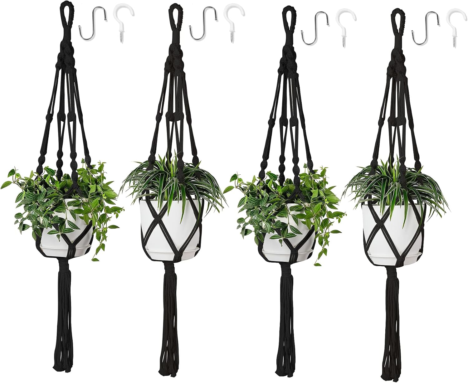 POTEY 40'' Macrame Plant Hanger with 6.3" Pots, Saucers and Ceiling Hooks, Boho Decorative Flower Holder, Crochet Hanging Planters for Indoor Outdoor, Black, 4 Set