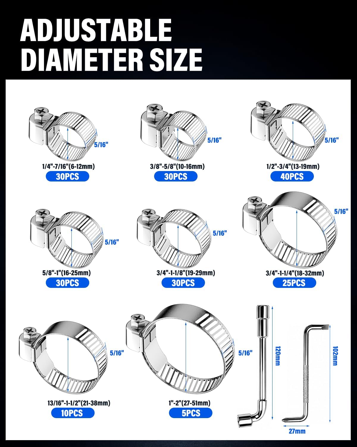 202PCS Stainless Steel Hose Clamp Assortment Kit,8 Sizes from 1/4" to 2" (6-51mm) Adjustable Worm Gear Clamps for Fuel Line,Radiator,Water Pipe,Automotive,Plumbing,with Socket Wrench & Screwdriver