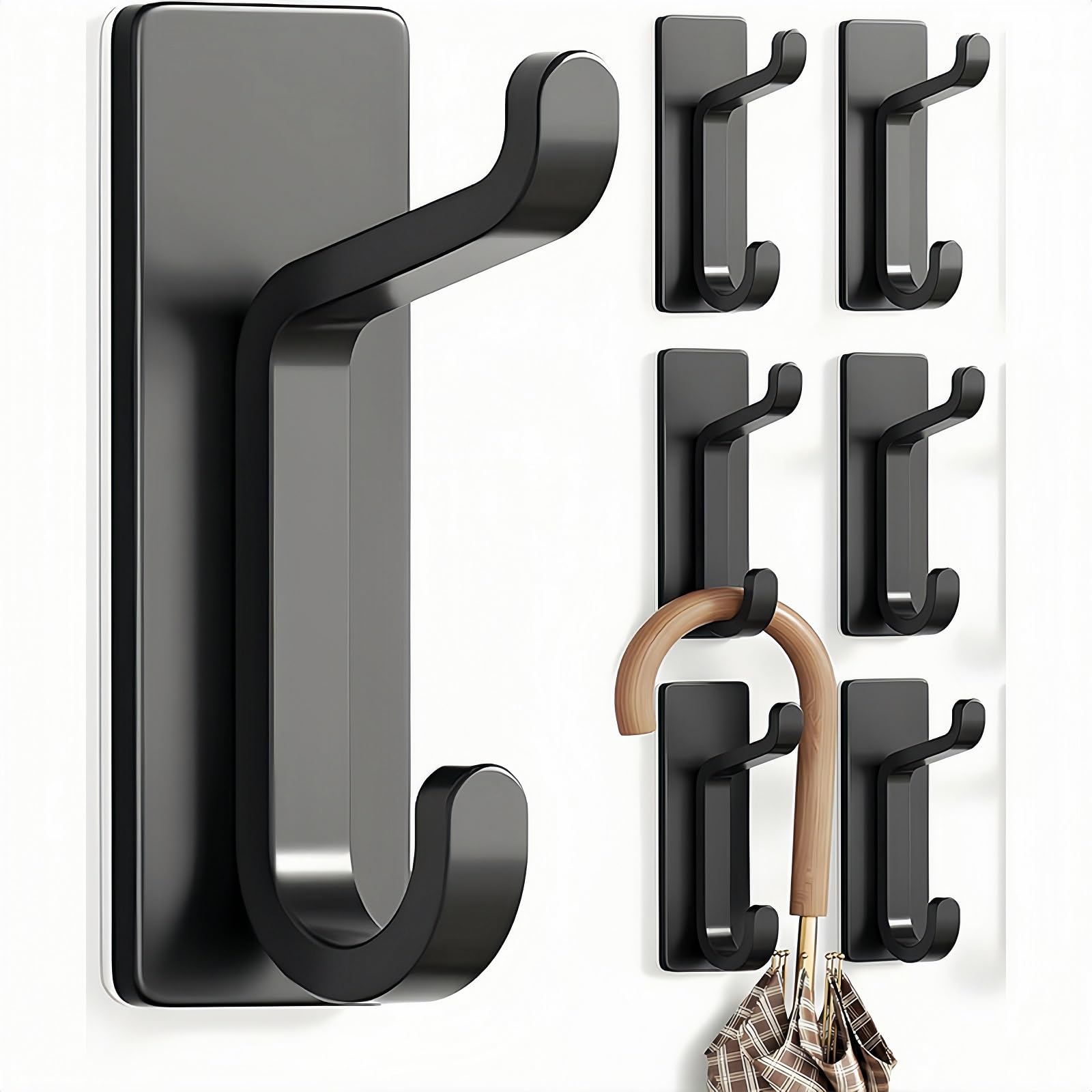 TUOTDE Self Adhesive Hooks Heavy Duty, Hooks for Back of Door, Black Stainless Steel Towel Hooks, Strong Adhesive Wall Hook for Bathroom Kitchen, Waterproof Adhesive Door Hooks Towels,6 Pack