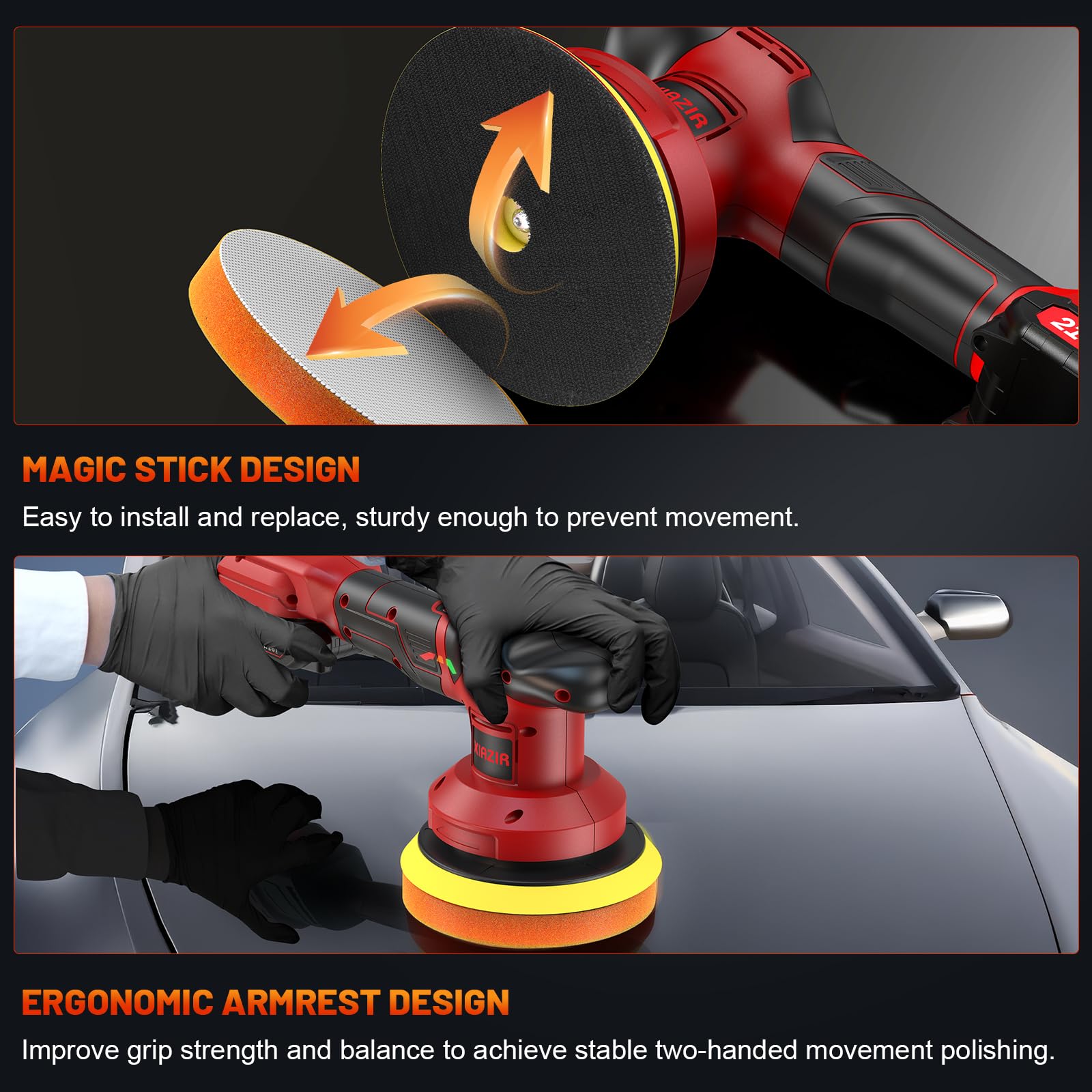 XIAZIR Lucidatrice a batteria - lucidatrice per auto da 6 pollici con 2 pezzi di batteria al litio da 21V 2000mAh e 19 accessori, lucidatrice per auto 3 a velocità variabile 6000RPM(rosso)