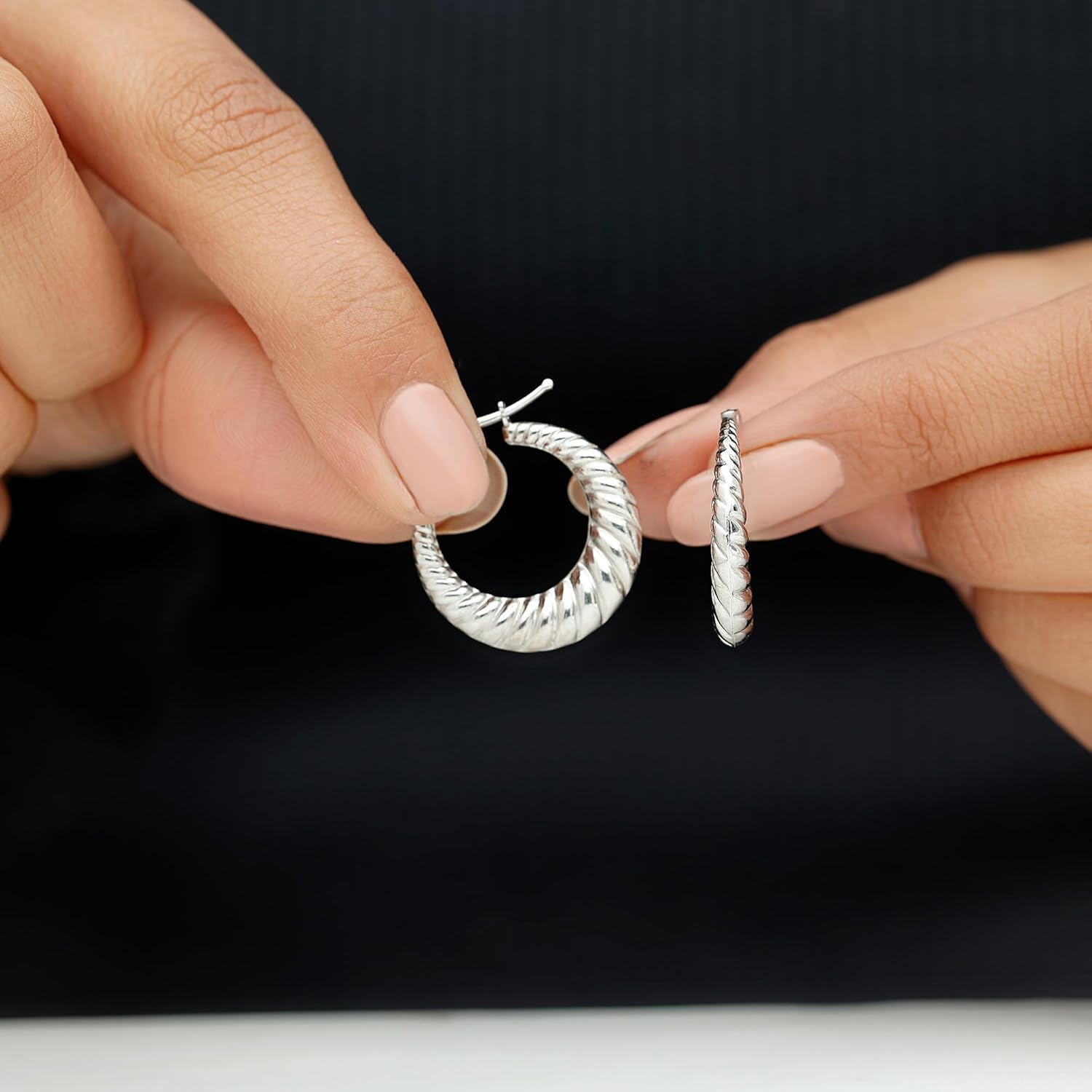 Sterling Silver Croissant Hoop Earrings, Chunky Twisted Hoop Earrings - Gift For Women Who Has Everything - Image 5