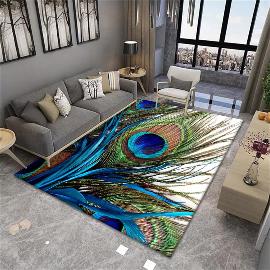 Tapis de table en velours cristal super doux bleu motif plumes déco de qualité