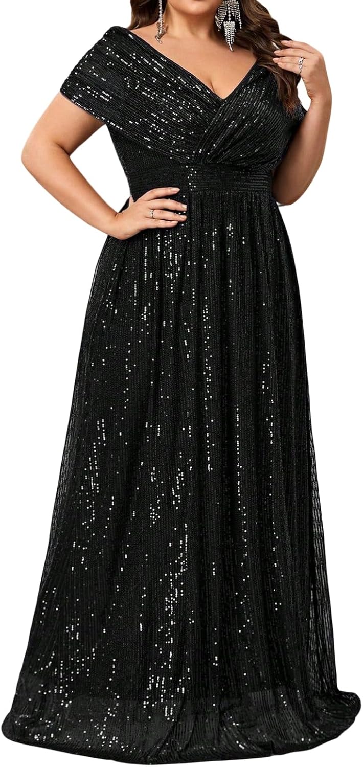 Plus Size Sequin Evening Gown for Women, V-Neck Short Sleeve Maxi Formal Dress for Wedding Guest, Party, Prom Dress