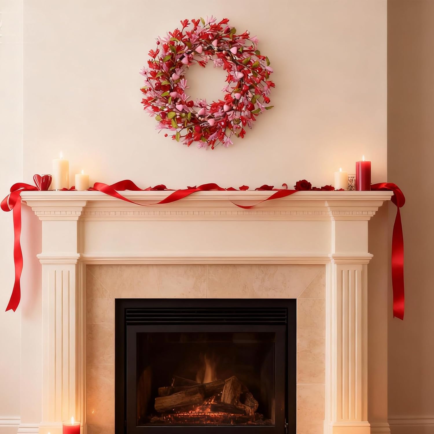 Bibelot Valentine's Day Wreath, 18 Inch Valentines Day Wreaths for Front Door, Romantic Pink & Red Heart Berry Forsythia Flowers for Wedding Anniversary Holiday Decorations - Image 7