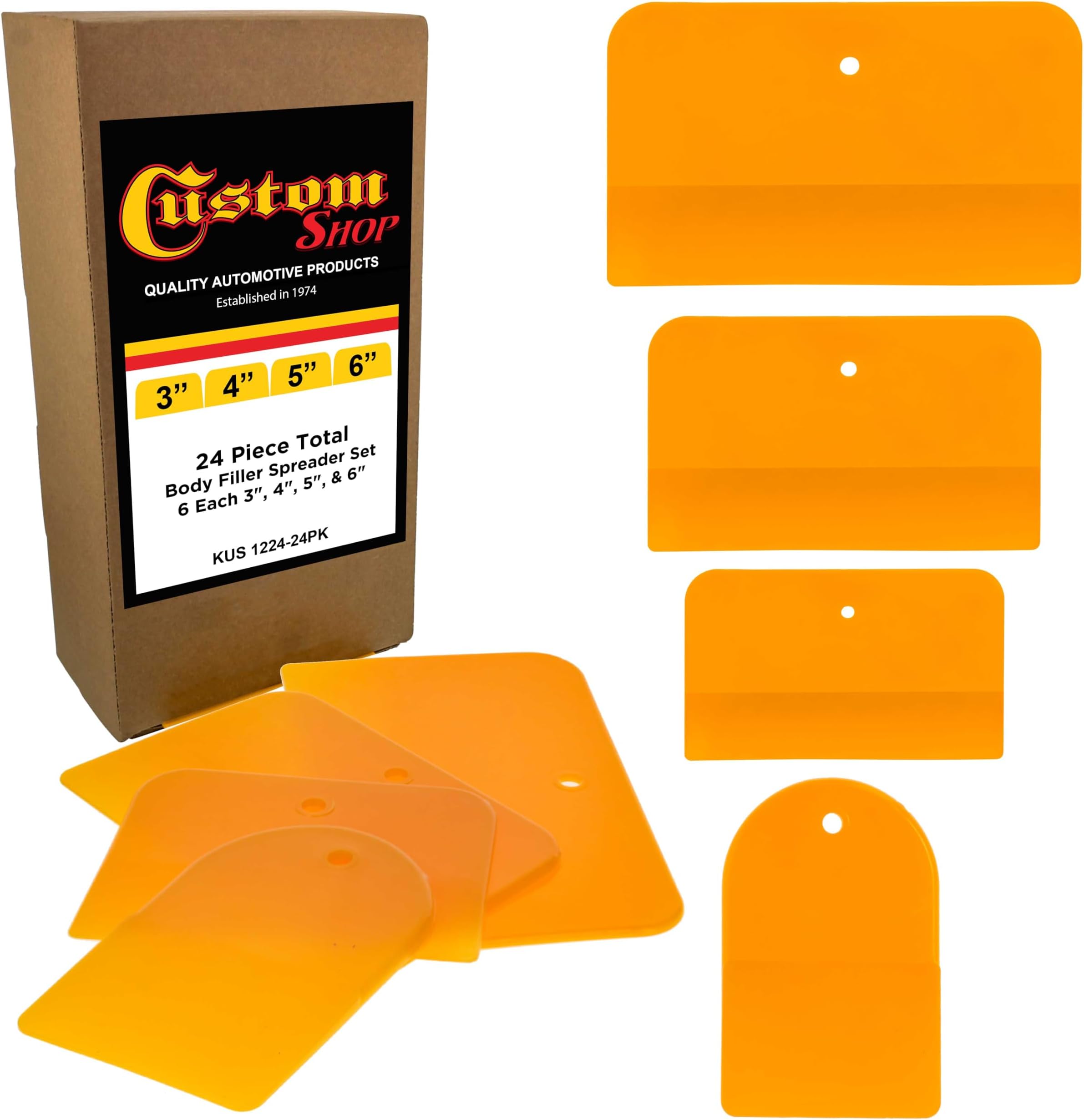 Custom Shop 4, 5, & 6 Inch Plastic Body Filler Spreader Tools (24 Pack) for Automotive Body Fillers, Putties, Glazes, Epoxy Resin, Caulk, Glues - Plastic Spreader Tool Variety Pack