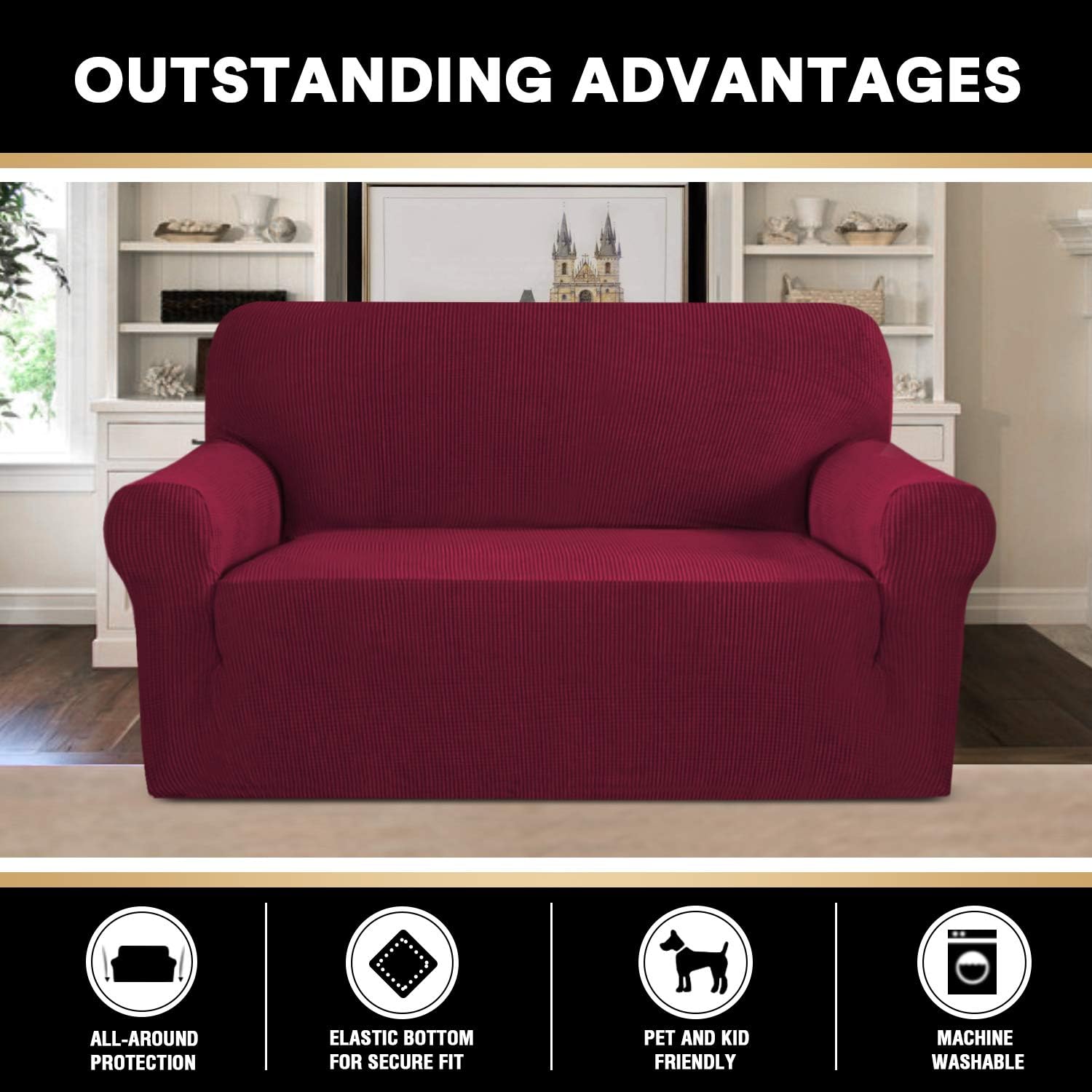 Stretch Loveseat Cover Bundles Sofa Slipcover, Furniture Protector, Plaid Pattern, Removable and Washable, Burgundy Red