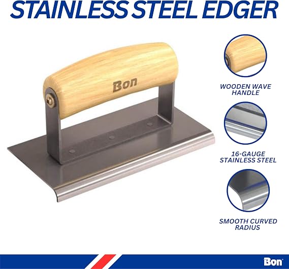 Bon Stainless Steel Sidewalk Edger 6 in. x 3 in. Concrete Edger with 1/4 in. Radius & 3/8 in. Depth 16 Gauge Stainless Steel Blade Smooth Edging for Walkways & Slabs Wood Wave Handle