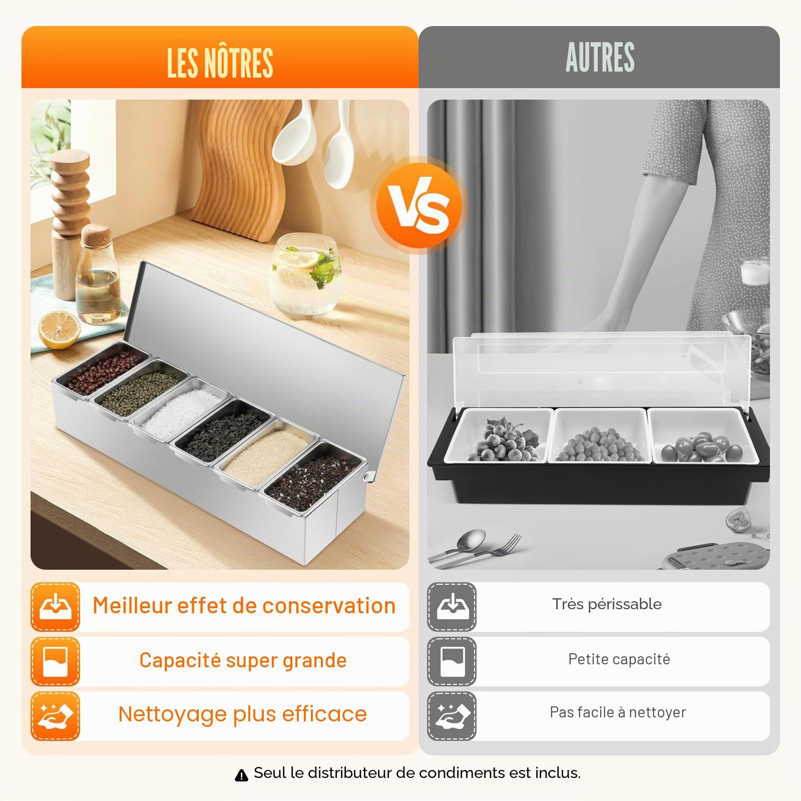 Boîte à ingrédients de cuisine avec 6 compartiments en acier inoxydable - Boîte à ingrédients - Pots à épices - Pour la cuisine, la pizza, le bar à salade, yuc20240327012