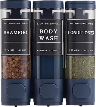 Shampoo and Conditioner Dispenser,Shower Soap Dispenser 3 Chamber No Drill Wall-Mounted for Bathroom & Hotel Leak-Proof Pumps, for Thick Liquids Like Conditioner - 1050ML High Capacity, Dark Blue