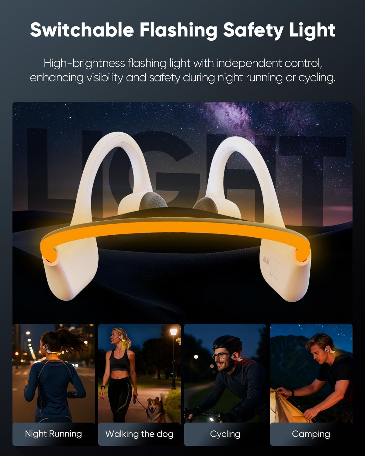 Open-Ear Bone Conduction Headphones, IP66 Waterproof, Integrated Transducer Running Headphones with Dual Mode, Rear Safety Light, 10H Battery,Advanced Mic for Cycling, Hiking & Outdoor Sports