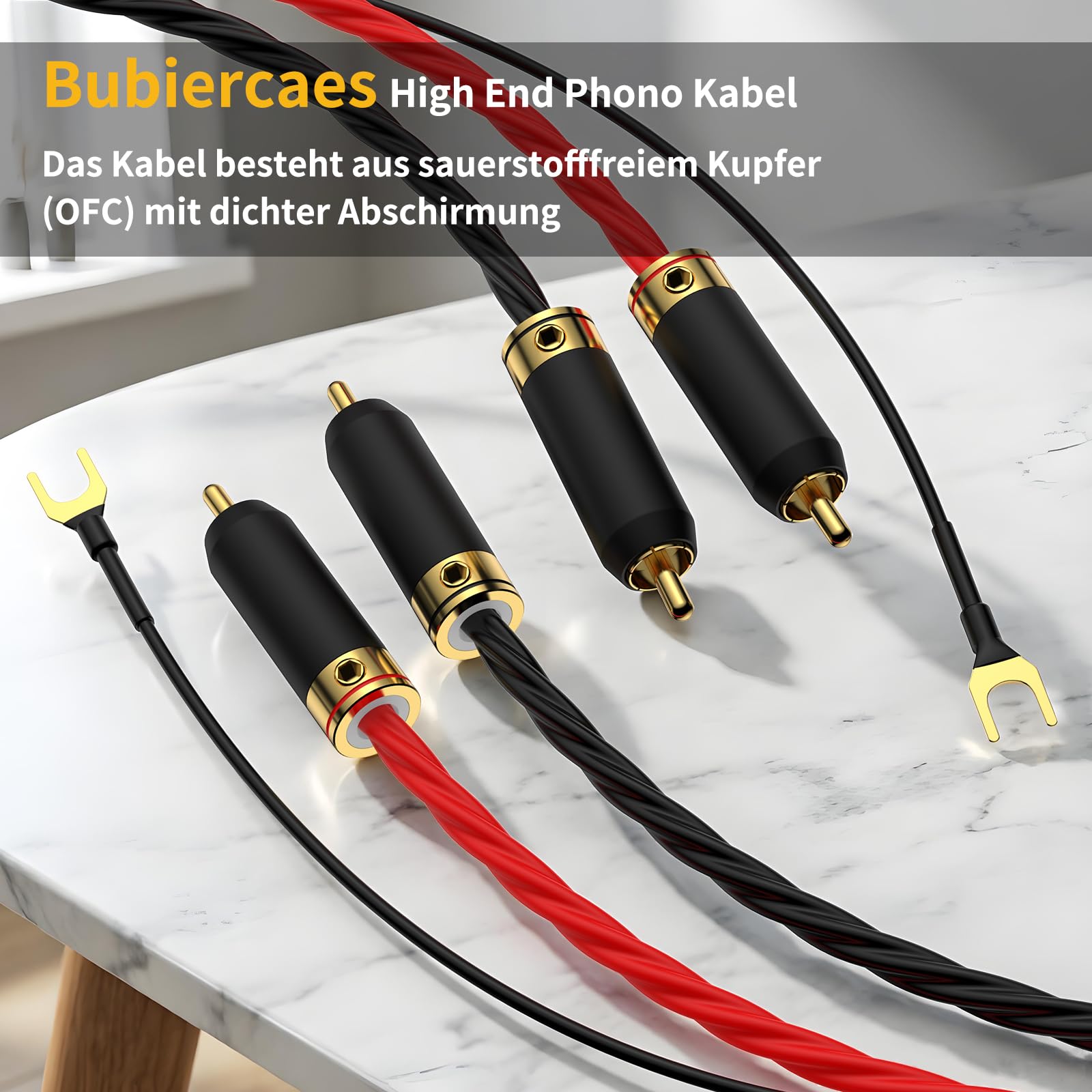 High End Phono Kabel OFC, blindado de tocadiscos, cable de toma de tierra con 4 conectores RCA chapados en oro, cable RCA de vinilo para tocadiscos, amplificador de 1,5 m