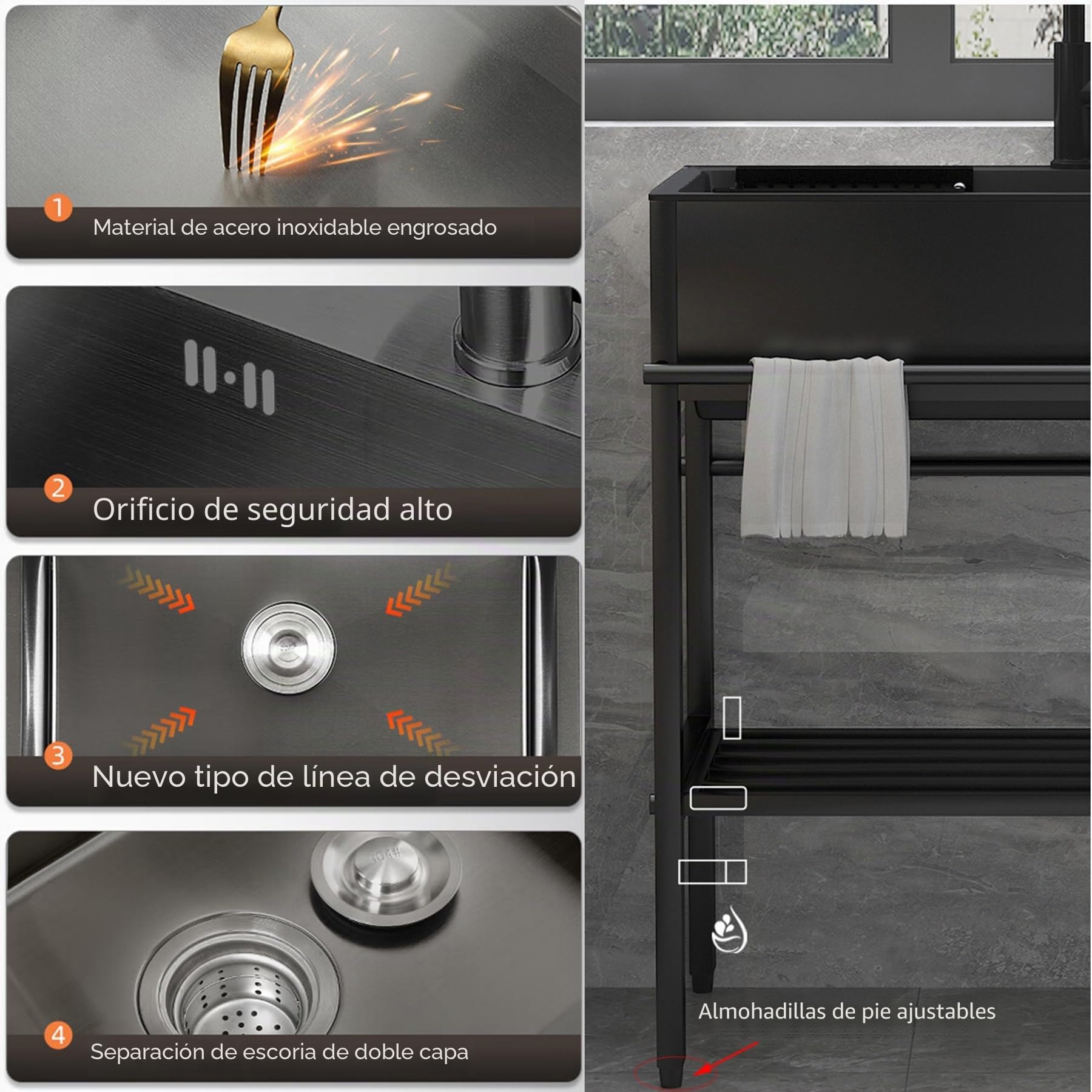 Fregadero de Cocina de Acero Inoxidable 60x45x86cm,Fregadero Independiente con Grifo,Pila Lavadero Multifuncional,Fregaderos Comercial Exterior Jardin,para Restaurante Garaje Lavadero Patio Trasero